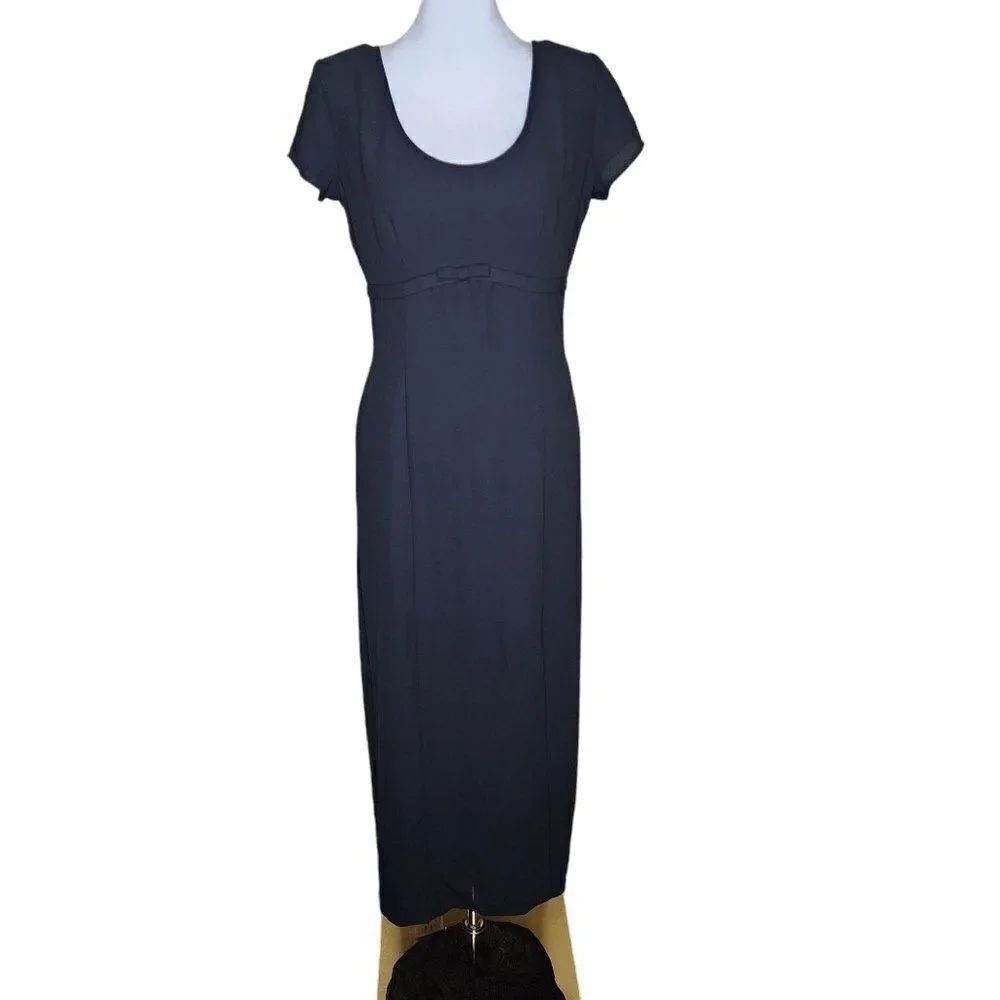 Vintage 1990s Maxi Dress Womens Size 5 Black Fitted Empire Waist Bow Made in USA